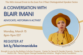 Picture ID: A flyer with a tan background. In the middle of the flyer is a yellow curved line which meets a blue circle. In the circle contains a picture of Blair Imani, a Black, Bisexual Muslim woman who is adorned in mustard colored clothing, a similarly colored hijab, and a dark orangish-brown wide-brimmed hat. The text on the flyer includes event details outlined in the program description. End ID.